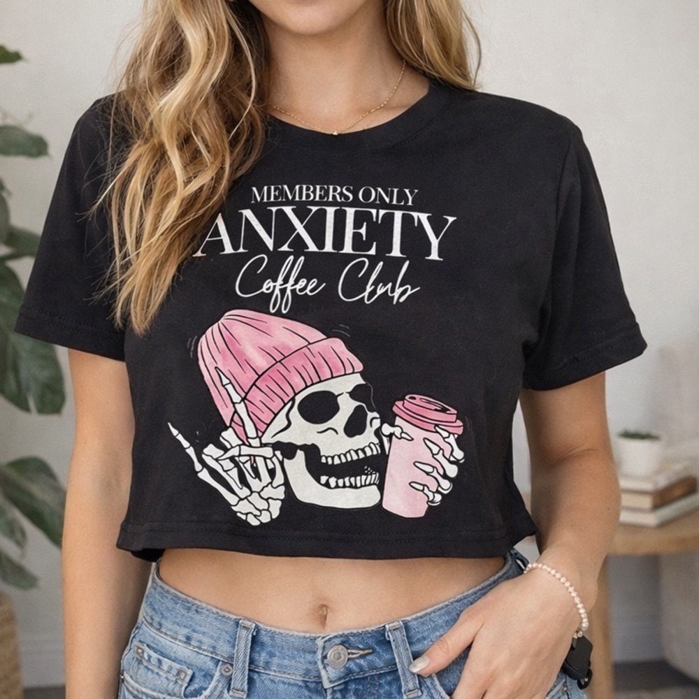 Bella Canvas Anxiety Coffee Club Skull Graphic Crop Tee Black Large